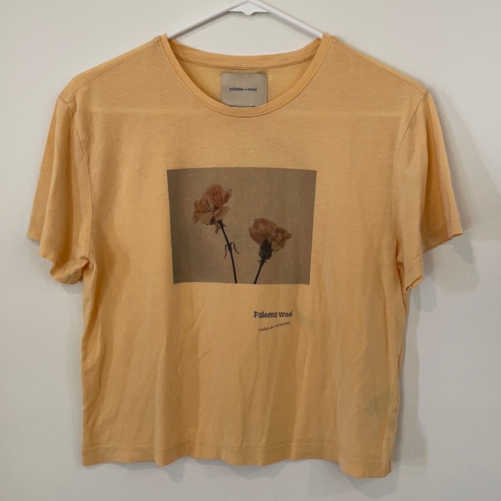 Paloma Wool yellow cotton tee with floral motif on front and abstract print back